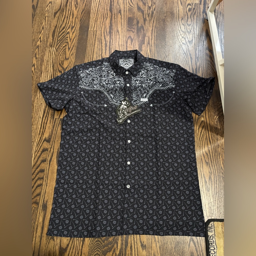Retro Rifle Black Casual Button Down Shirt with Polka Dot Pattern Large
